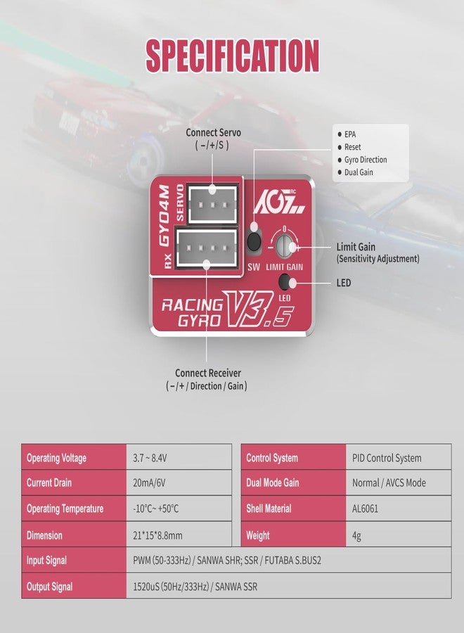AGFRC Upgraded Mini Z RC Gyros - Mini Gyros for Drifting Mini-Z Car/Full Aluminum 4Gram Precision Red RC Gyro Set for Competition Grade RC Drifting (GY04M V3.5) - Image 3
